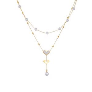Pearl Heart Drop Necklace Set Stainless Steel